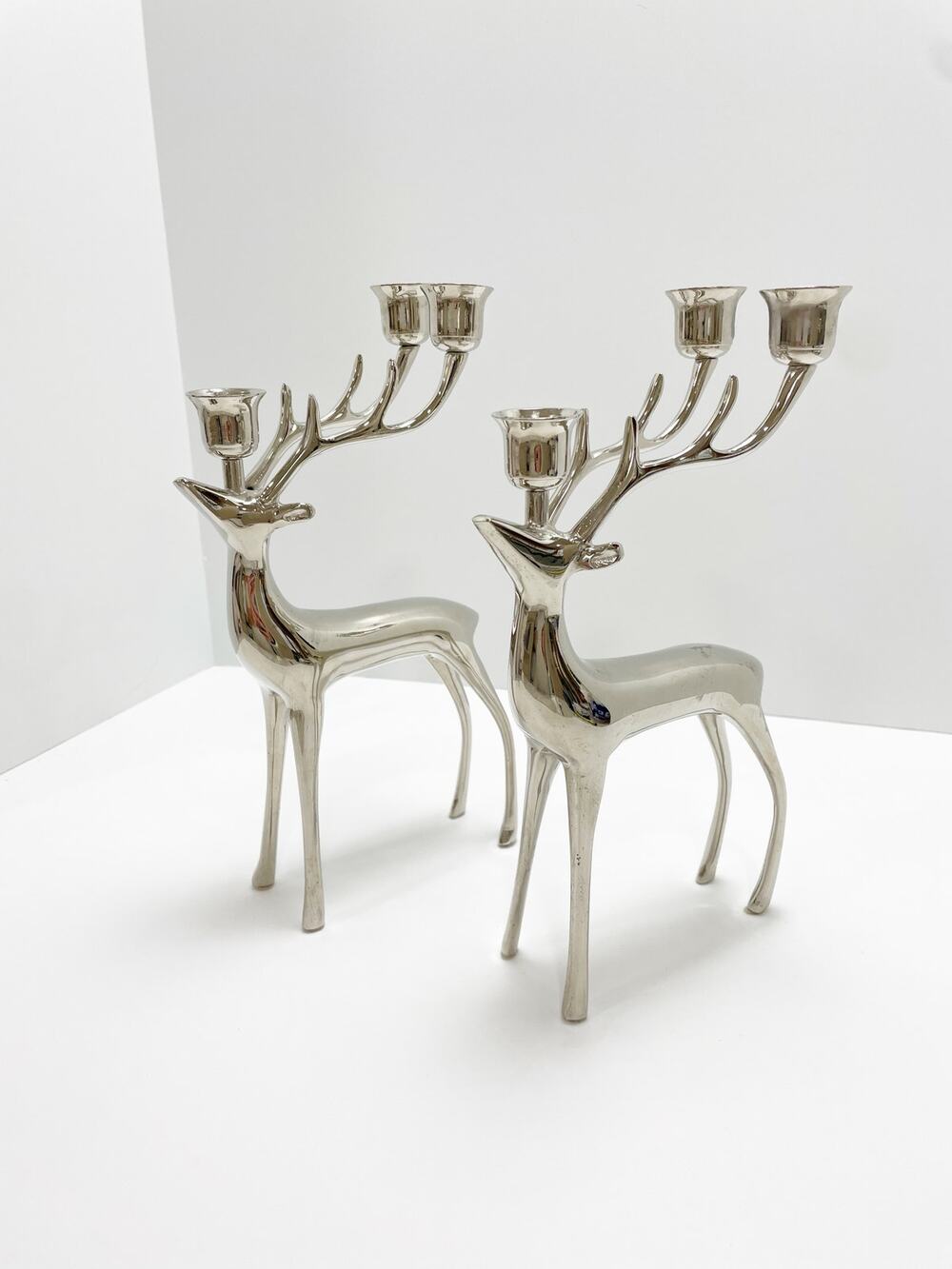 Pottery Barn Reindeer Candelabra Candles Sliver Stick Holder Holds 3 Christmas
